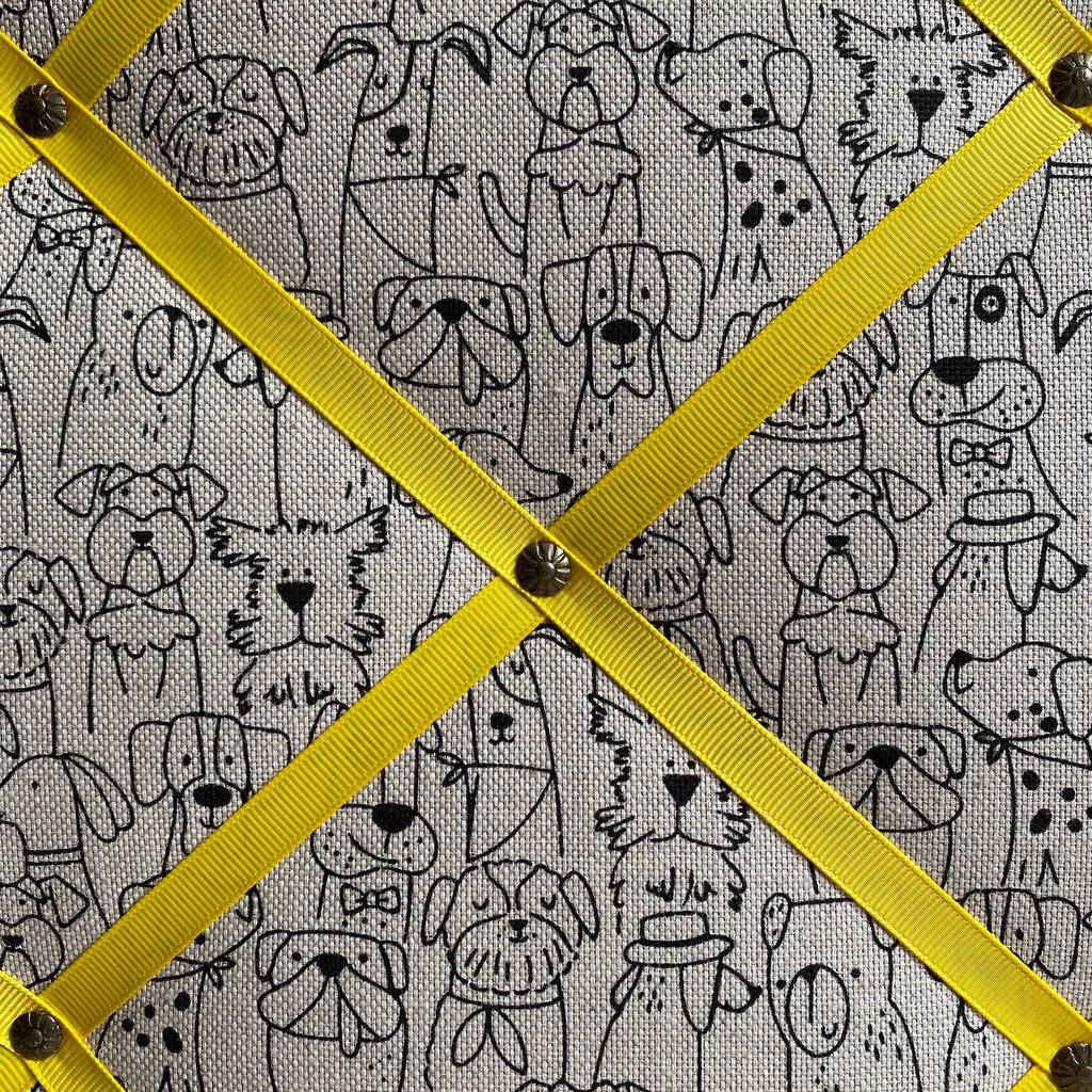 Handmade Fabric Noticeboard: Dog Themed Linen with Yellow Ribbon - storage and organisation for photos, notes, cards