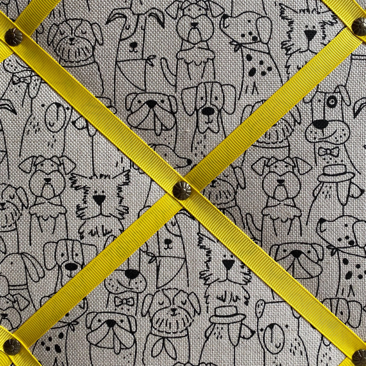 Handmade Fabric Noticeboard: Dog Themed Linen with Yellow Ribbon - storage and organisation for photos, notes, cards