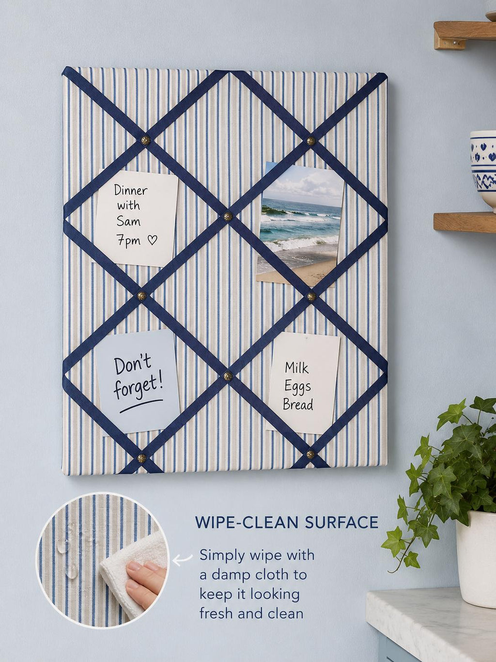 Handmade Oilcloth Wipe Clean Noticeboard ~ Stripes with Dark Grey Ribbon ~ A4 ~ for workshops, art studios, kitchens, potting sheds