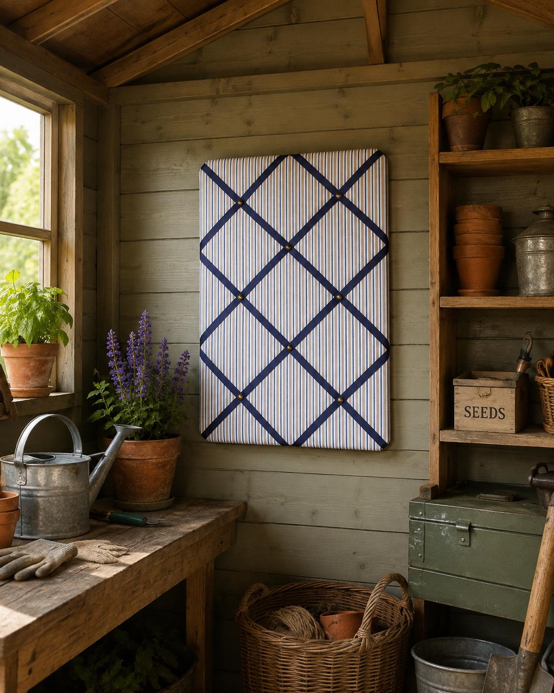 Handmade Oilcloth Wipe Clean Noticeboard ~ Stripes with Dark Grey Ribbon ~ A4 ~ for workshops, art studios, kitchens, potting sheds